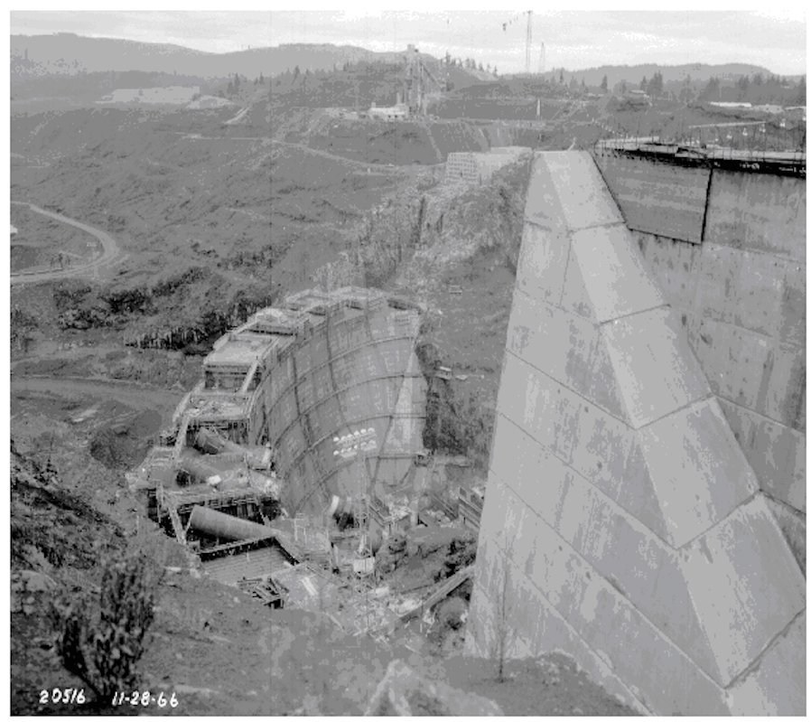 Mossyrock Dam is shown under construction in this November 1966 photograph provided by Tacoma Public Utilities.